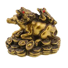 Statueta feng shui Bivol si doua broaste raioase cu pepite si monede pentru abundenta - 7,5cm