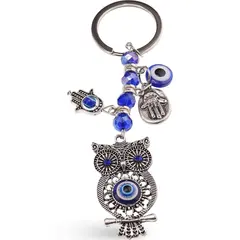 Breloc feng shui cu Bufnita, simbolul Hamsa si ochi protectori - 12cm