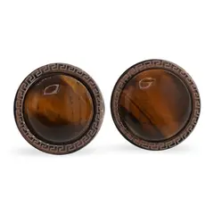 Cercei rotunzi cu surub Ochi de tigru si montura model grecesc, 17mm