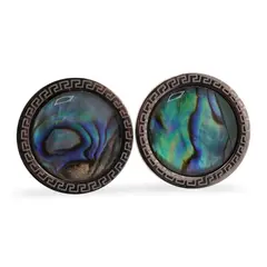 Cercei rotunzi cu surub Scoica Abalone si montura model grecesc, 17mm