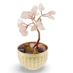 Copac cu cristale naturale de Cuart roz in bol metalic cu simboluri feng shui - 9cm