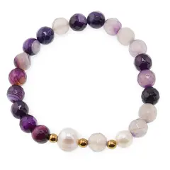 Bratara pe elastic Perle de cultura, bumbi aurii si Agat mov sfere fatetate 8mm