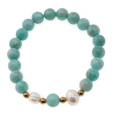 Bratara pe elastic Perle de cultura, bumbi aurii si Amazonit de Rusia sfere 8mm