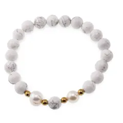 Bratara pe elastic Perle de cultura, bumbi aurii si Howlit sfere 8mm