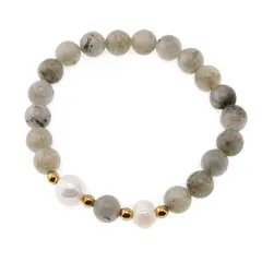 Bratara pe elastic Perle de cultura, bumbi aurii si Labradorit sfere 8mm