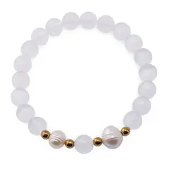 Bratara pe elastic Perle de cultura, bumbi aurii si Selenit sfere 8mm
