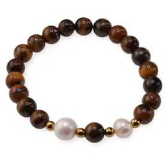 Bratara pe elastic Perle de cultura, bumbi aurii si Ochi de tigru sfere 8mm
