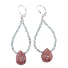 Cercei cu agatatoare Larimar sfere microfatetate 2mm si Rodocrozit brioleta 15mm cu Argint 925