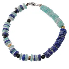 Bratara Amazonit si Lapis lazuli rondele 7mm, Opal alb patratele 5mm, Turmalina neagra sfere 4mm si Hematit auriu