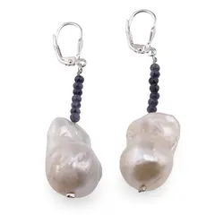 Cercei cu agatatoare Perle de cultura Baroque si Safir discuri fatetate 3mm cu Argint 925
