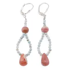 Cercei cu agatatoare Rodocrozit sfere 6mm si briolete 12mm, Larimar sfere microfatetate 2mm cu Argint 925