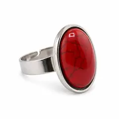 Inel reglabil Coral rosu oval cu montura din inox, 22mm – produs pe fundal alb