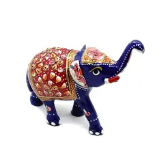 Statueta Elefant cu tompa in sus, metal emailat, albastru cu rosu - 10cm