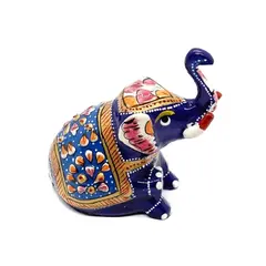 Statueta Elefant stand jos, metal emailat, albastru - 8cm