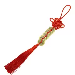 Amuleta canaf Feng Shui cu 5 monede I-Ching si nod mistic rosu