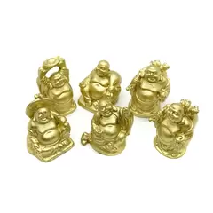 Set 6 Statuete Feng Shui Buddha aurii pentru prosperitate cu Pepita si Sac de Bani - 4,5cm