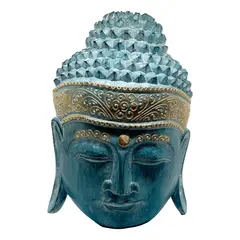 Statueta Feng Shui Cap Buddha din lemn, pentru perete, turcoaz - 30cm