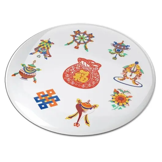 Abtibild sticker Feng Shui 3D cu cele 8 simboluri tibetane si sacul abundentei - 4,5cm