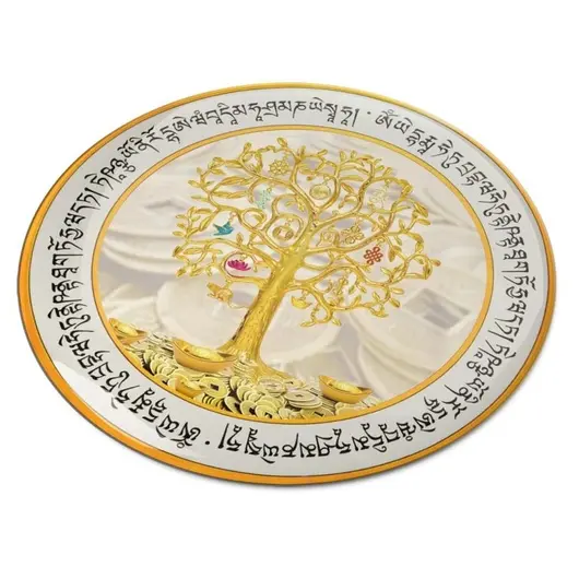 Abtibild sticker Feng Shui 3D cu copacul prosperitatii, monede chinezesti, pepite, mantre si cele 8 simboluri tibetane - 4,5cm, imagine 3