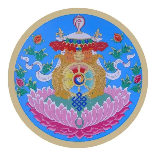 Abtibild sticker Feng Shui cu cele 8 simboluri tibetane, model 2 - 11cm