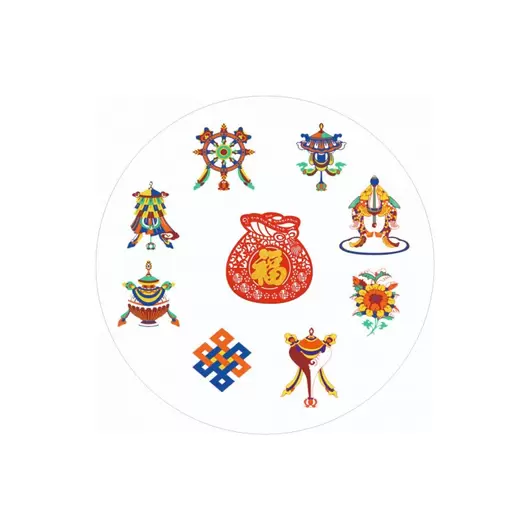 Abtibild sticker Feng Shui cu cele 8 simboluri tibetane si sacul abundentei - 5cm