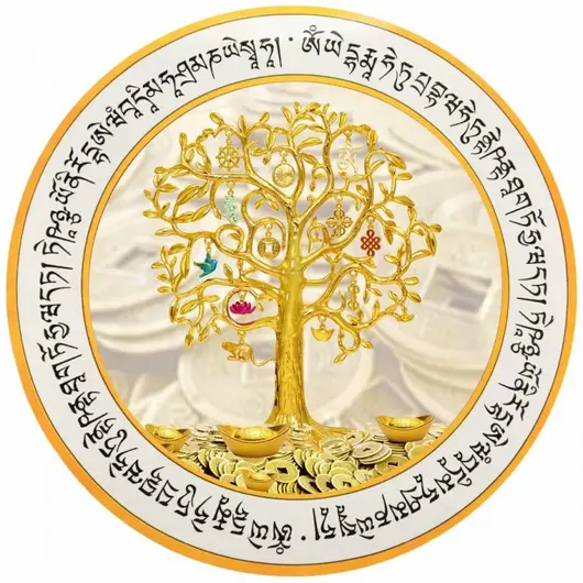 Abtibild sticker Feng Shui cu copacul prosperitatii, monede chinezesti, pepite, mantre si cele 8 simboluri tibetane - 11cm
