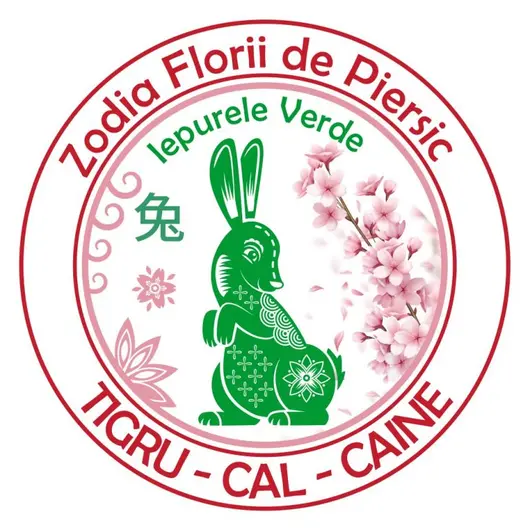 Abtibild sticker Feng Shui cu Iepure verde si floare de piersic - 11cm