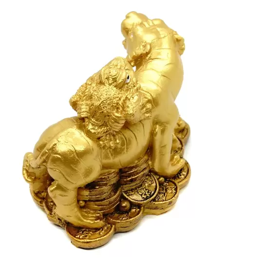 Statueta Feng Shui Tigru auriu cu Broasca raioasa - 10cm, imagine 2