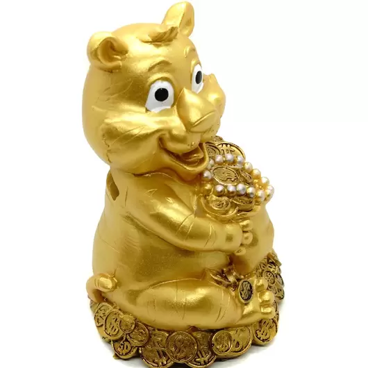 Statueta Feng Shui Tigru auriu cu Sacul prosperitatii, pusculita - 12cm, imagine 2