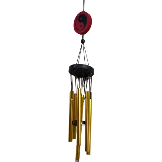 Clopotei de vant aurii din metal cu 6 tuburi, Yin Yang rosu, 60cm