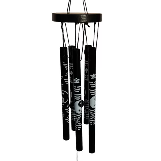 Clopotei de vant negri din metal cu 5 tuburi, Yin Yang, 57cm