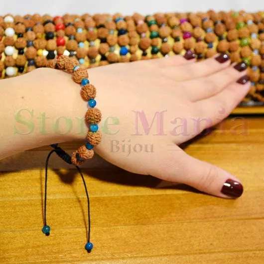 Bratara rudraksha 8mm si agat albastru 4mm