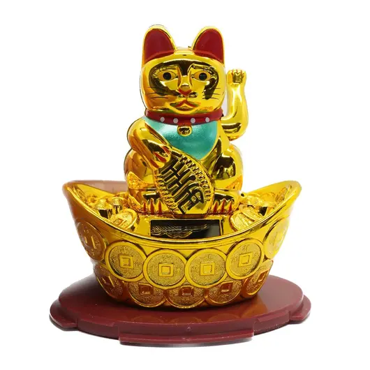 Pisica norocoasa Maneki Neko solara aurie, pe pepita cu monede - 11cm, imagine 3