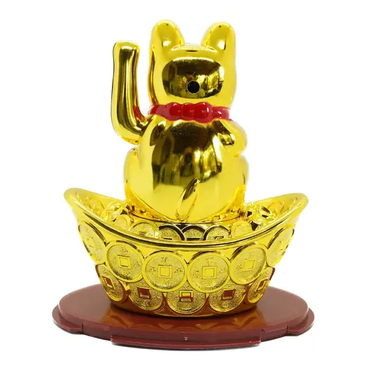 Pisica norocoasa Maneki Neko solara aurie, pe pepita cu monede - 14cm, imagine 2