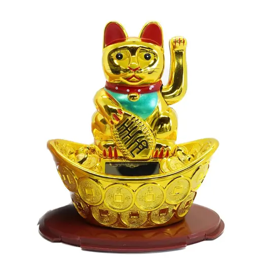 Pisica norocoasa Maneki Neko solara aurie, pe pepita cu monede - 14cm, imagine 3