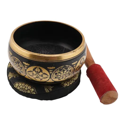 Bol tibetan cantator India cu pentagrama si Piciorul lui Buddha, cu perna colorata, 8,5cm, imagine 2