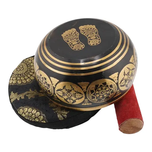Bol tibetan cantator India cu pentagrama si Piciorul lui Buddha, cu perna colorata, 8,5cm, imagine 3