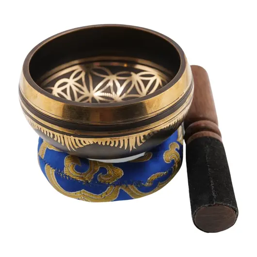 Bol tibetan cantator India model floarea vietii, cu perna colorata, 9cm, imagine 2