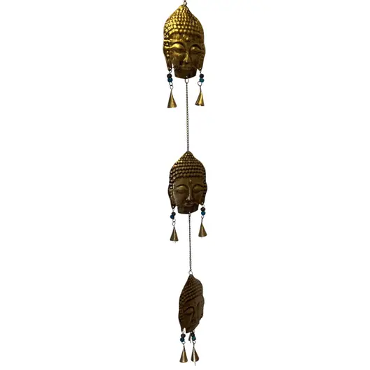 Decoratiune clopotei de vant din metal cu trei capete de Buddha, 95cm, imagine 2