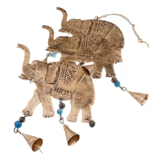 Decoratiune clopotei de vant din metal cu trei elefanti, 80cm