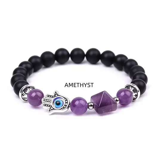 Bratara Feng Shui pe elastic cu Hamsa si ochi protector, onix negru mat si piramida din ametist, 19cm