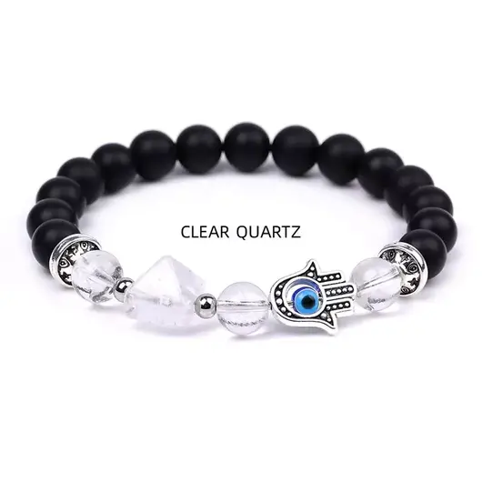 Bratara Feng Shui pe elastic cu Hamsa si ochi protector, onix negru mat si piramida din cristal de stanca, 19cm