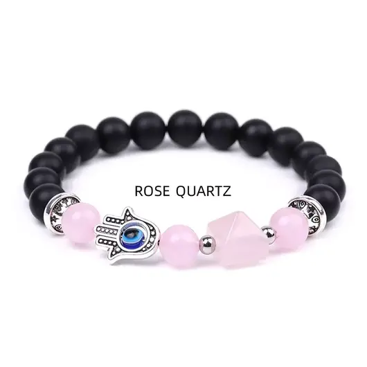 Bratara Feng Shui pe elastic cu Hamsa si ochi protector, onix negru mat si piramida din cuart roz, 19cm