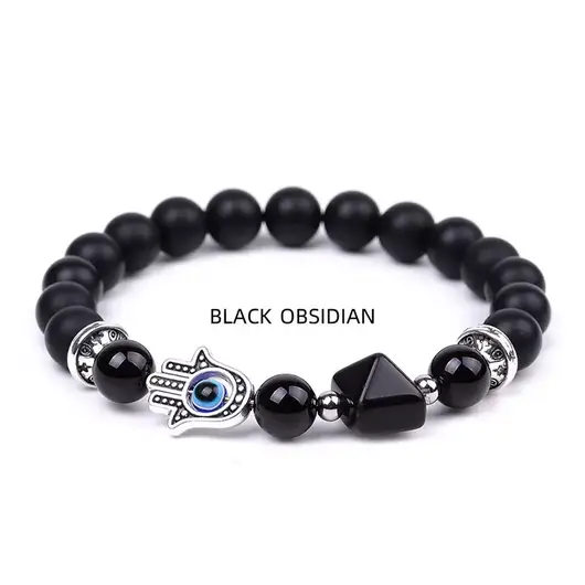 Bratara Feng Shui pe elastic cu Hamsa si ochi protector, onix negru mat si piramida din obsidian, 19cm