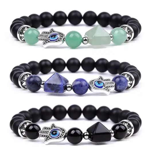 Bratara Feng Shui pe elastic cu Hamsa si ochi protector, onix negru mat si piramida din sodalit, 19cm, imagine 2
