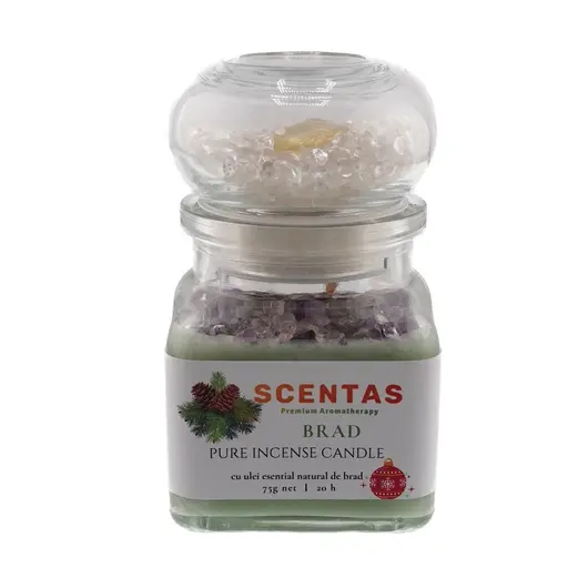 Lumanare din ceara de soia Scentas cu cristale naturale Ametist, Cristal de stanca si Citrin, brad, 75g - Editie de Craciun, Alege aroma: Brad