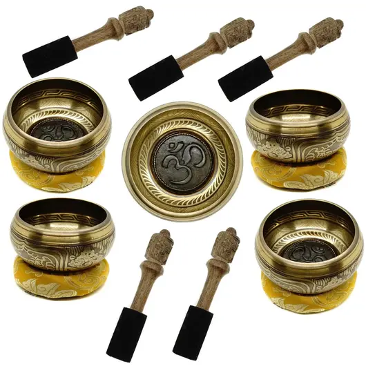 5 x Bol tibetan cantator Nepal cu perna colorata - Simbolul OM, 10cm (en-gros, wholesale)