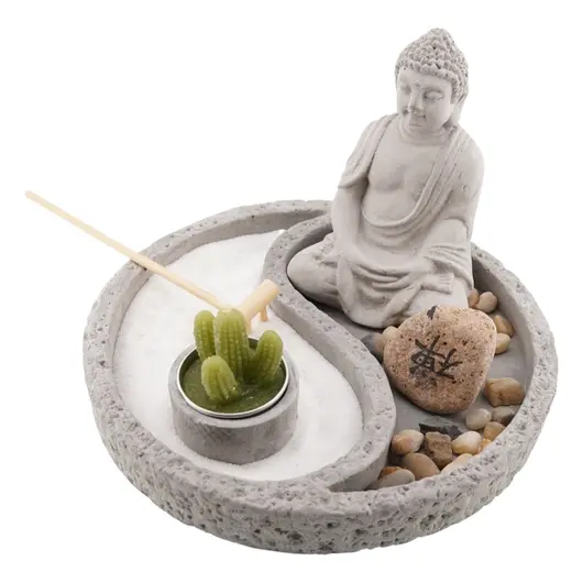 Decoratiune Gradina Zen in miniatura, Suport cu Buddha, lumanare si accesorii, imagine 2