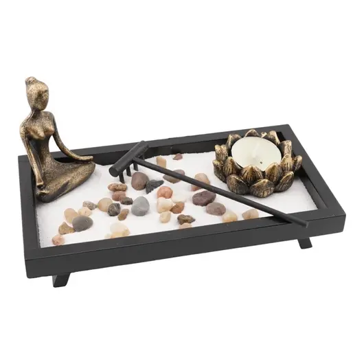 Decoratiune Gradina Zen in miniatura, Suport dreptunghiular cu statueta in mediatie, lumanare, betisoare parfumate si accesorii, imagine 2