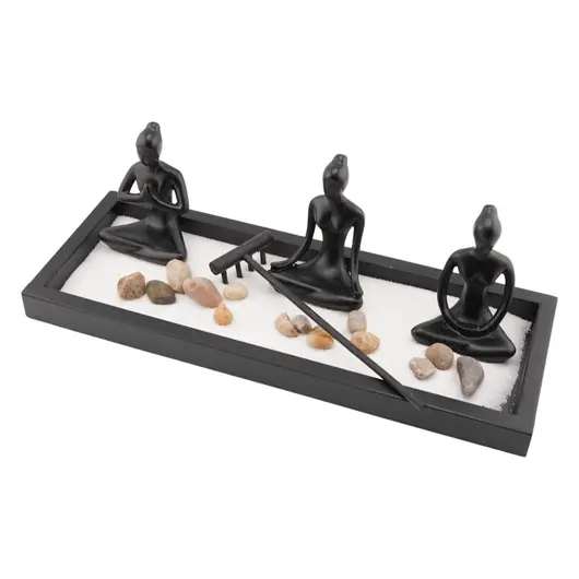 Decoratiune Gradina Zen in miniatura, Suport trei statuete in mediatie si accesorii, imagine 2